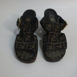 Authentic Fendi F Zucca Logo Graphic Brown Open Toe Chunky Block Heel Sandal 7